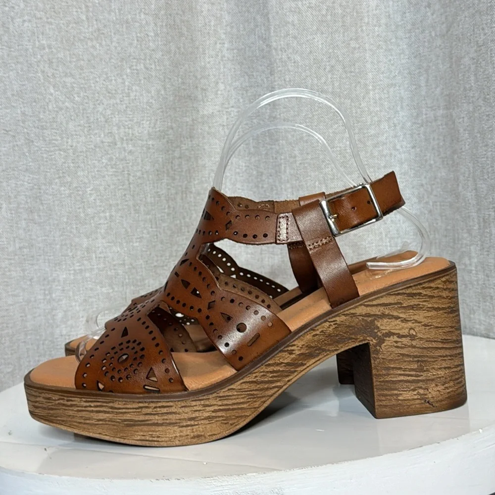 ERIC MICHAEL WHITNEY  COGNAC LEATHER LASER CUT PLATFORM BOHO SANDALS NIB EU 40